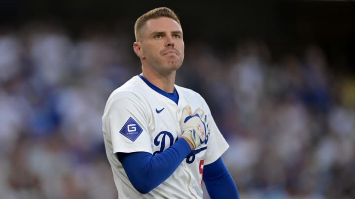 Aug 5, 2024; Los Angeles, California, USA; Los Angeles Dodgers first baseman Freddie Freeman acknowledges the crowd. Aug 5, 2024; Los Angeles, California, USA; Los Angeles Dodgers first baseman Freddie Freeman acknowledges the crowd.