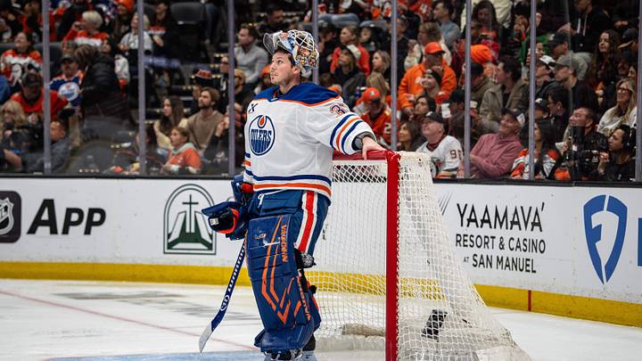 Apr 26, 2026; Anaheim, California, USA; Edmonton Oilers goaltender Tristan Jarry (35) stands in goal during the second period against the Anaheim Ducks in game four of the first round of the 2026 Stanley Cup Playoffs at Honda Center. Mandatory Credit: Corinne Votaw-Imagn Images Apr 26, 2026; Anaheim, California, USA; Edmonton Oilers goaltender Tristan Jarry (35) stands in goal during the second period against the Anaheim Ducks in game four of the first round of the 2026 Stanley Cup Playoffs at Honda Center. Mandatory Credit: Corinne Votaw-Imagn Images