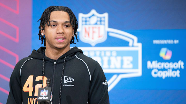 Feb 27, 2026; Indianapolis, IN, USA; Mississippi wideout Harrison Wallace III (WO42) speaks to members of the media during the NFL Combine at the Indiana Convention Center. Mandatory Credit: Jacob Musselman-Imagn Images