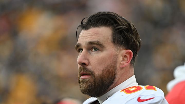 Dec 25, 2024; Pittsburgh, Pennsylvania, USA; Kansas City Chiefs tight end Travis Kelce (87) watch the action against the Pittsburgh Steelers during the second half at Acrisure Stadium. Mandatory Credit: Barry Reeger-Imagn Images