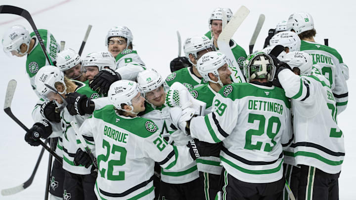Nov 11, 2025; Ottawa, Ontario, CAN; The Dallas Stars celebreate their win in overtime  against the Ottawa Senators at the Canadian Tire Centre. Mandatory Credit: Marc DesRosiers-IMAGN Images