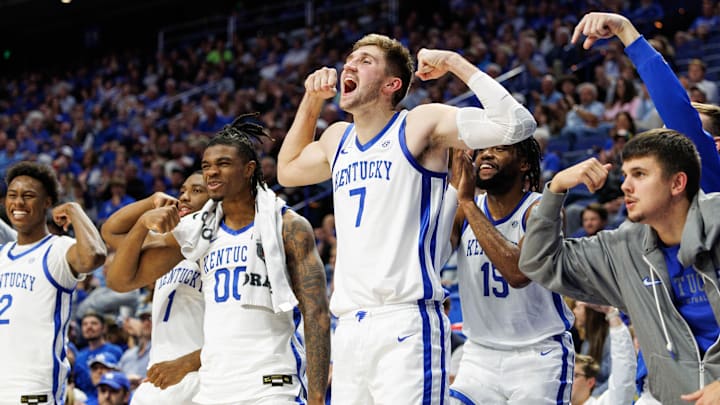 Oct 23, 2024; Lexington, KY, USA; Kentucky Wildcats forward Andrew Carr (7) celebrates from the bench after a play in the second half against the Kentucky Wesleyan Panthers at Rupp Arena at Central Bank Center. Mandatory Credit: Jordan Prather-Imagn Images