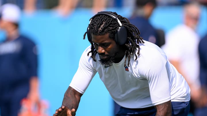 Sep 22, 2024; Nashville, Tennessee, USA;  Tennessee Titans offensive tackle Jaelyn Duncan (71) during pregame warmups against the Green Bay Packers at Nissan Stadium. Mandatory Credit: Steve Roberts-Imagn Images