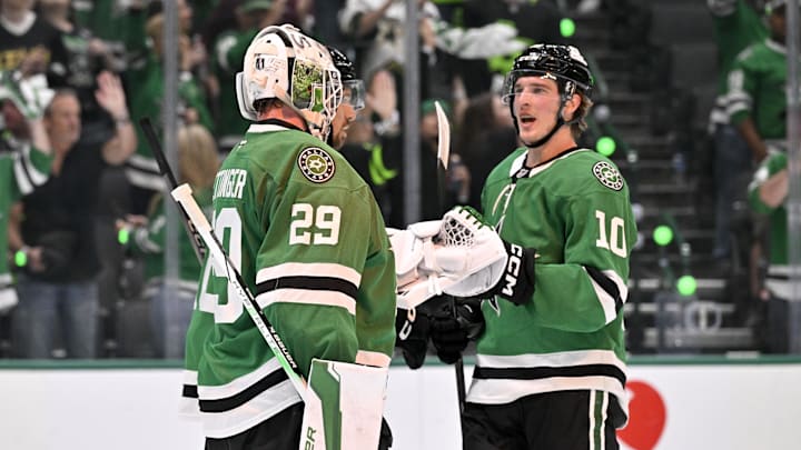 Apr 28, 2025; Dallas, Texas, USA; Dallas Stars goaltender Jake Oettinger (29) and center Oskar Back (10) celebrate the win over the Colorado Avalanche in game five of the first round of the 2025 Stanley Cup Playoffs at American Airlines Center. Mandatory Credit: Jerome Miron-Imagn Images Apr 28, 2025; Dallas, Texas, USA; Dallas Stars goaltender Jake Oettinger (29) and center Oskar Back (10) celebrate the win over the Colorado Avalanche in game five of the first round of the 2025 Stanley Cup Playoffs at American Airlines Center. Mandatory Credit: Jerome Miron-Imagn Images