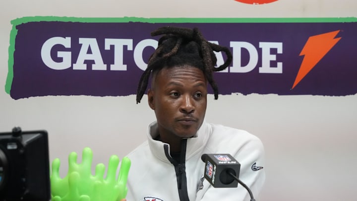 Feb 3, 2025; New Orleans, LA, USA; Kansas City Chiefs wide receiver DeAndre Hopkins (8) is interviewed by Nickelodeon during Super Bowl LIX Opening Night at Ceasars Superdome. Mandatory Credit: Kirby Lee-Imagn Images