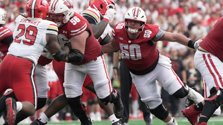 Wisconsin offensive lineman Ryan Cory (50) provides pass protection during the third quarter of their game against Maryland Saturday, September 20, 2025 at Camp Randall Stadium in Madison, Wisconsin.