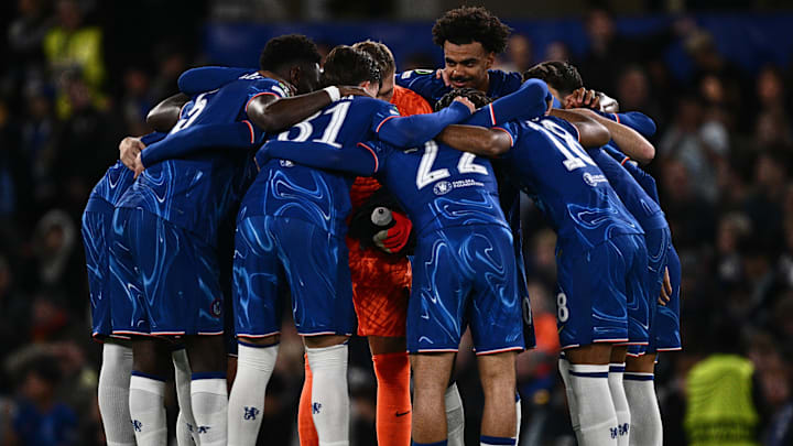 Chelsea's team huddle prior to their MD1 victory over Gent in the Conference League.