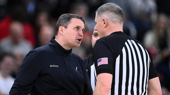 McNeese State Cowboys head coach Will Wade talks to an official during the second half 