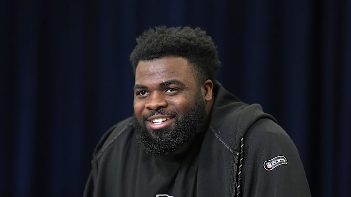 Feb 25, 2026; Indianapolis, IN, USA; Texas Tech defensive lineman Lee Hunter (DL15) speaks during the NFL Scouting Combine at the Indiana Convention Center.