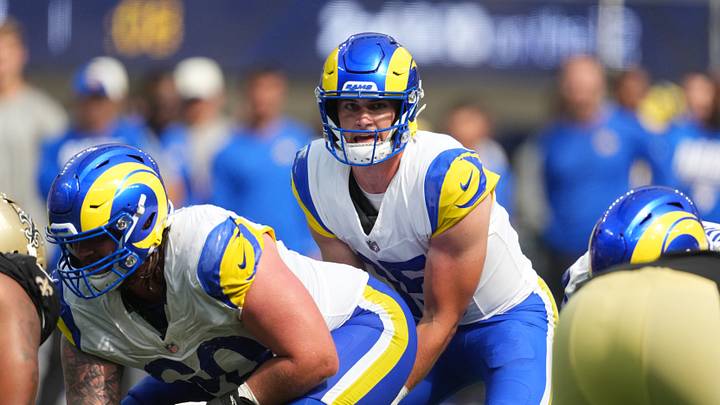 Aug 22, 2026; Inglewood, California, USA; Los Angeles Rams quarterback Ty Simpson (15) takes the snap from guard Wyatt Bowles (60) against the New Orleans Saints in the second half at SoFi Stadium. Mandatory Credit: Kirby Lee-Imagn Images