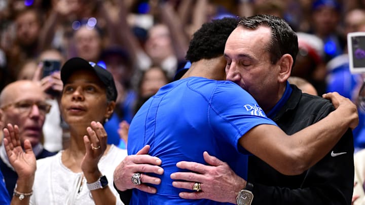 North Carolina v Duke; Former Duke basketball head coach Mike Krzyzewski and point guard Jeremy Roach