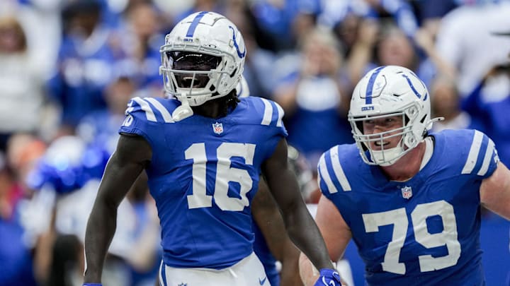 Indianapolis Colts wide receiver Ashton Dulin (16) celebrates a touchdown Sunday, Sept. 8, 2024, during a game against the Houston Texans at Lucas Oil Stadium.