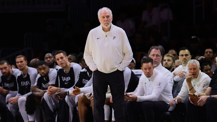 Oct 15, 2024; Miami, Florida, USA; San Antonio Spurs head coach Gregg Popovich watches from the sideline against the Miami Heat during the first quarter at Kaseya Center. 