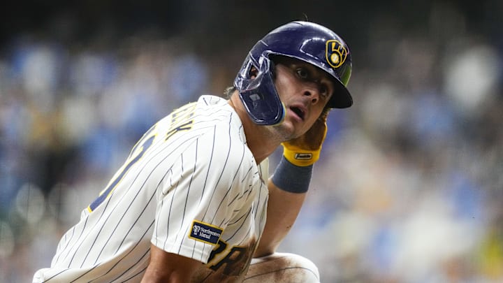 Apr 5, 2025; Milwaukee, Wisconsin, USA;  Milwaukee Brewers right fielder Sal Frelick (10) during the game against the Cincinnati Reds at American Family Field. Mandatory Credit: Jeff Hanisch-Imagn Images