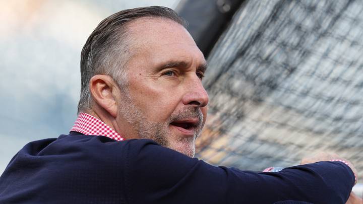 Pittsburgh, Pennsylvania, USA;  Los Angeles Angels interim general manager against John Mozeliak looks on at the batting cage before the game against the Pittsburgh Pirates at PNC Park.  Mandatory Credit: Charles LeClaire-Imagn Images