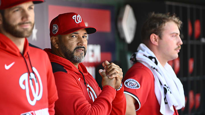 Apr 27, 2025; Washington, District of Columbia, USA; Washington Nationals manager Dave Martinez (4) before the game against the New York Mets at Nationals Park.