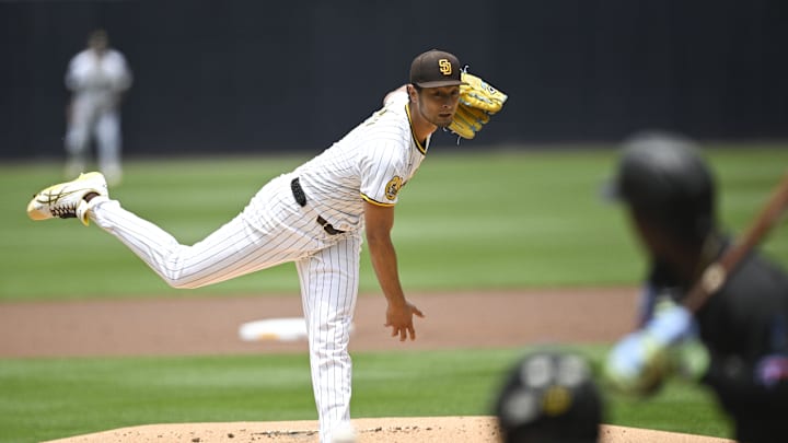 May 29, 2024; San Diego, California, USA; San Diego Padres pitcher Yu Darvish (11) pitches during the first inning against the Miami Marlins at Petco Park. Mandatory Credit: Denis Poroy-USA TODAY Sports