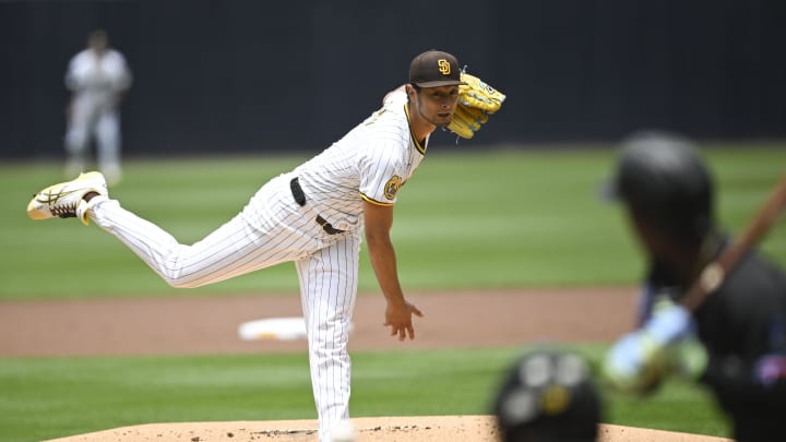 May 29, 2024; San Diego, California, USA; San Diego Padres pitcher Yu Darvish (11) pitches during the first inning against the Miami Marlins at Petco Park. Mandatory Credit: Denis Poroy-USA TODAY Sports