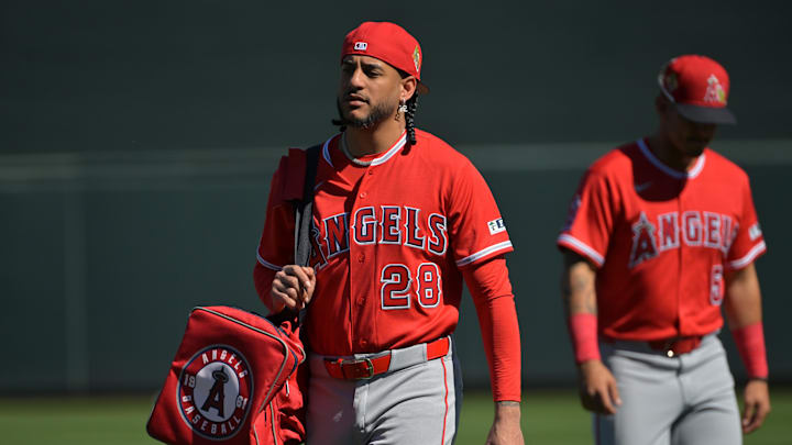 Feb 22, 2026; Salt River Pima-Maricopa, Arizona, USA; Los Angeles Angels outfielder Jose Siri (28) brings his gear to the dugout for the game against the Arizona Diamondbacks at Salt River Fields at Talking Stick. Mandatory Credit: Jayne Kamin-Oncea-Imagn Images Feb 22, 2026; Salt River Pima-Maricopa, Arizona, USA; Los Angeles Angels outfielder Jose Siri (28) brings his gear to the dugout for the game against the Arizona Diamondbacks at Salt River Fields at Talking Stick. Mandatory Credit: Jayne Kamin-Oncea-Imagn Images