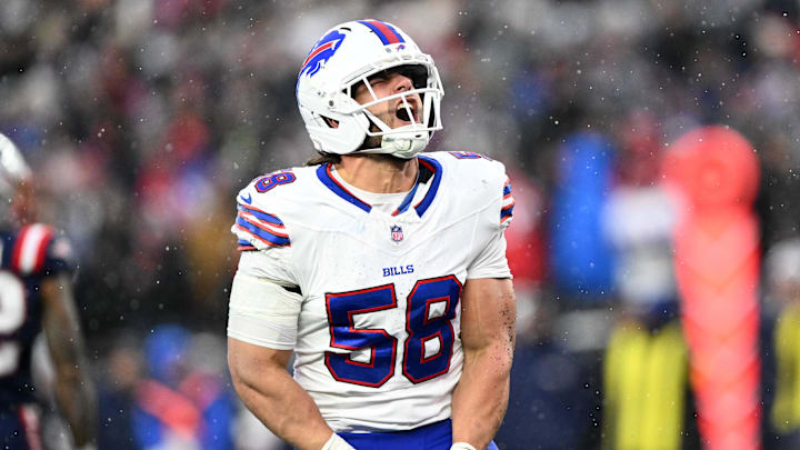 Dec 14, 2025; Foxborough, Massachusetts, USA; Buffalo Bills linebacker Matt Milano (58) reacts after a sack against the New England Patriots during the second half at Gillette Stadium. Mandatory Credit: Brian Fluharty-Imagn Images Dec 14, 2025; Foxborough, Massachusetts, USA; Buffalo Bills linebacker Matt Milano (58) reacts after a sack against the New England Patriots during the second half at Gillette Stadium. Mandatory Credit: Brian Fluharty-Imagn Images