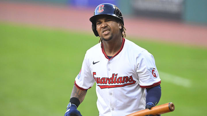 Aug 26, 2025; Cleveland, Ohio, USA; Cleveland Guardians third baseman Jose Ramirez (11) reacts after striking out in the third inning against the Tampa Bay Rays at Progressive Field. Mandatory Credit: David Richard-Imagn Images Aug 26, 2025; Cleveland, Ohio, USA; Cleveland Guardians third baseman Jose Ramirez (11) reacts after striking out in the third inning against the Tampa Bay Rays at Progressive Field. Mandatory Credit: David Richard-Imagn Images