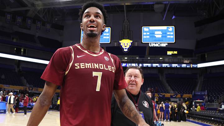 Mar 4, 2026; Pittsburgh, Pennsylvania, USA;  Florida State Seminoles forward Chauncey Wiggins (7) reacts as he leaves the court after defeating the Pittsburgh Panthers at the Petersen Events Center. Mandatory Credit: Charles LeClaire-Imagn Images