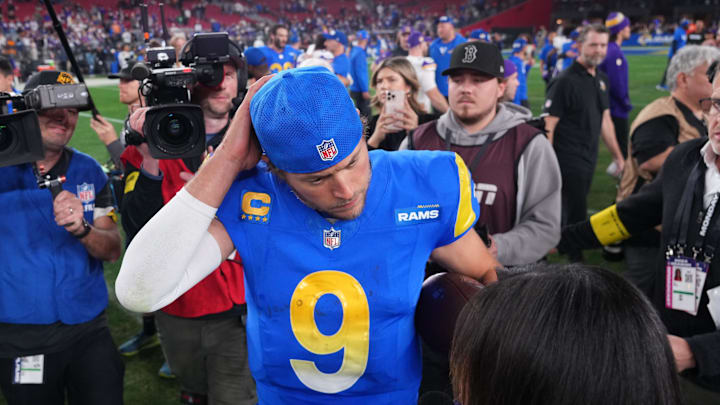 Jan 13, 2025; Glendale, AZ, USA; Los Angeles Rams quarterback Matthew Stafford (9. Mandatory Credit: Joe Camporeale-Imagn Images