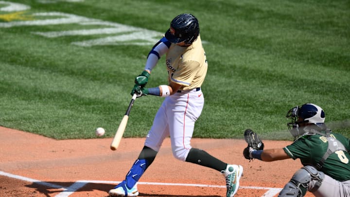 American League Futures shortstop Marcelo Mayer (10) of the Boston Red Sox hits a single against the National League during the first inning of the All Star-Futures game at T-Mobile Park in 2023.