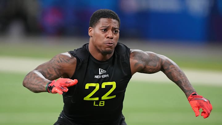 Feb 27, 2025; Indianapolis, IN, USA; Mississippi linebacker Pooh Paul (LB22) participates in drills during the 2025 NFL Combine at Lucas Oil Stadium. Mandatory Credit: Kirby Lee-Imagn Images