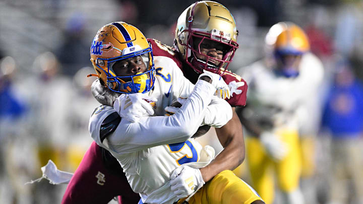 Nov 30, 2024; Chestnut Hill, Massachusetts, USA; Pittsburgh Panthers wide receiver Konata Mumpfield (9) runs for a touchdown against the Boston College Eagles during the second half at Alumni Stadium. Mandatory Credit: Brian Fluharty-Imagn Images