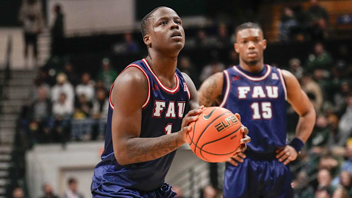 Jan 6, 2024; Charlotte, North Carolina, USA; Florida Atlantic Owls guard Johnell Davis (1) shoots a free throw.