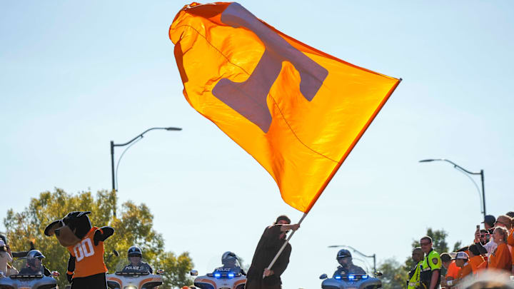 The Volunteer waves the University of Tennessee flag during the Vol Walk before a game between Tennessee and Florida in Neyland Stadium, in Knoxville, Tenn., Oct. 12, 2024.