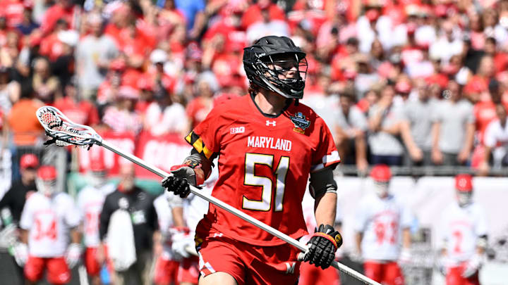 May 26, 2025; Foxborough, MA, USA; Maryland midfielder Jack McDonald (51) controls the ball against the Cornell Big Red during the second half at Gillette Stadium. Mandatory Credit: Eric Canha-Imagn Images