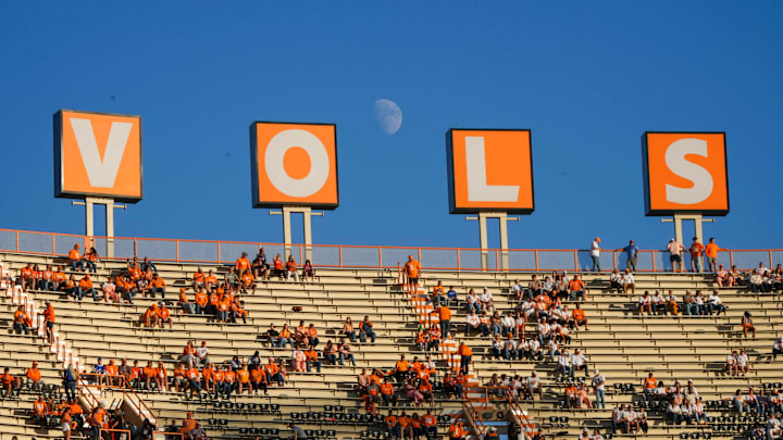 The moon raises behind the VOLS sign before a game between Tennessee and Florida in Neyland Stadium, in Knoxville, Tenn., Oct. 12, 2024. The moon raises behind the VOLS sign before a game between Tennessee and Florida in Neyland Stadium, in Knoxville, Tenn., Oct. 12, 2024.