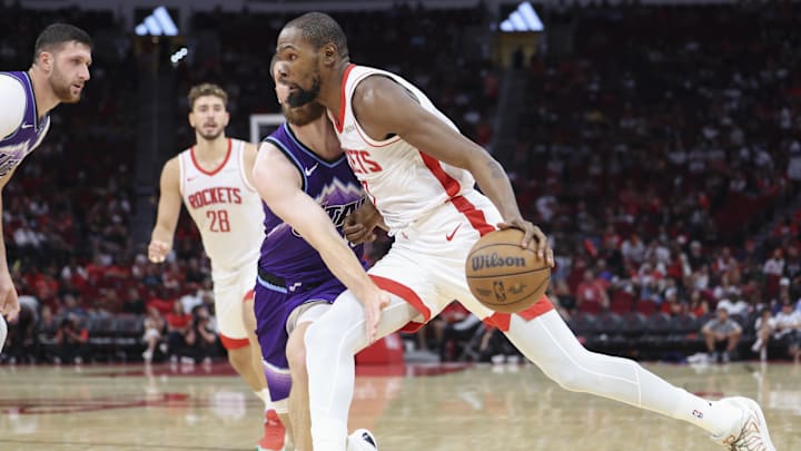 Oct 8, 2025; Houston, Texas, USA; Houston Rockets forward Kevin Durant (7) drives with the ball as Utah Jazz guard Svi Mykhailiuk (10) defends during the third quarter at Toyota Center. Mandatory Credit: Troy Taormina-Imagn Images Oct 8, 2025; Houston, Texas, USA; Houston Rockets forward Kevin Durant (7) drives with the ball as Utah Jazz guard Svi Mykhailiuk (10) defends during the third quarter at Toyota Center. Mandatory Credit: Troy Taormina-Imagn Images