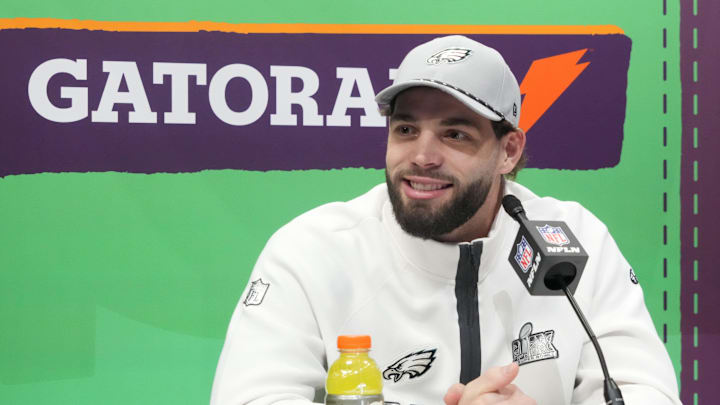 Feb 3, 2025; New Orleans, LA, USA;  Philadelphia Eagles tight end Dallas Goedert (88) during Super Bowl LIX Opening Night at Ceasars Superdome. Mandatory Credit: Kirby Lee-Imagn Images
