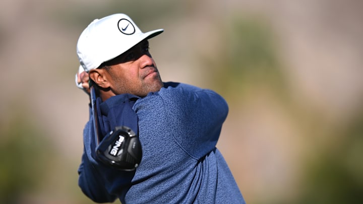 Tony Finau plays his shot from the first tee.