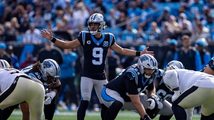 Nov 3, 2024; Charlotte, North Carolina, USA; Carolina Panthers quarterback Bryce Young (9) changes the play during the second quarter against the New Orleans Saints at Bank of America Stadium. Mandatory Credit: Scott Kinser-Imagn Images