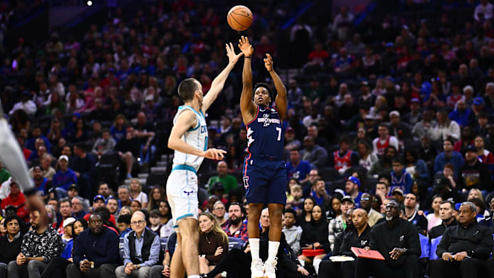 Mar 16, 2024; Philadelphia, Pennsylvania, USA; Philadelphia 76ers guard Kyle Lowry (7) shoots against Charlotte Hornets forward Aleksej Pokusevski (17) in the second quarter at Wells Fargo Center. Mandatory Credit: Kyle Ross-Imagn Images Mar 16, 2024; Philadelphia, Pennsylvania, USA; Philadelphia 76ers guard Kyle Lowry (7) shoots against Charlotte Hornets forward Aleksej Pokusevski (17) in the second quarter at Wells Fargo Center. Mandatory Credit: Kyle Ross-Imagn Images