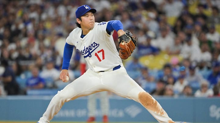 Sep 16, 2025; Los Angeles, California, USA; Los Angeles Dodgers two-way player Shohei Ohtani (17) delivers a pitch during the third inning against the Philadelphia Phillies at Dodger Stadium. Mandatory Credit: Jayne Kamin-Oncea-Imagn Images
