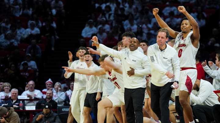 Feb 13, 2026; Miami, Ohio, USA;  The Miami (OH) RedHawks bench reacts against the Ohio Bobcats in the second half at Millett Hall. Mandatory Credit: Aaron Doster-Imagn Images
