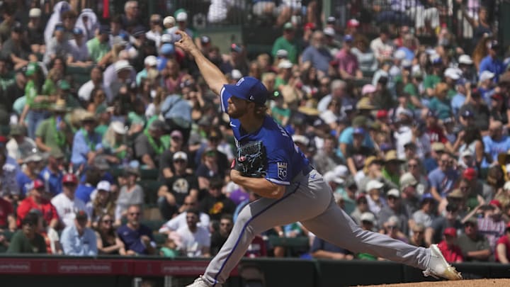 Kansas City Royals starting pitcher Jonathan Heasley (49) throws against the Los Angeles Angels in the first inning at Tempe Diablo Stadium in 2023. Kansas City Royals starting pitcher Jonathan Heasley (49) throws against the Los Angeles Angels in the first inning at Tempe Diablo Stadium in 2023.