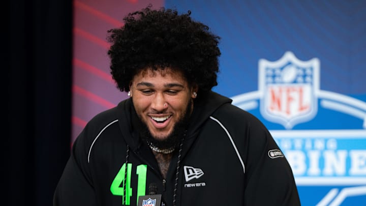 Feb 28, 2026; Indianapolis, IN, USA; Alabama offensive lineman Kadyn Proctor (OL41) speaks to members of the media during the NFL Combine at the Indiana Convention Center. Mandatory Credit: Jacob Musselman-Imagn Images