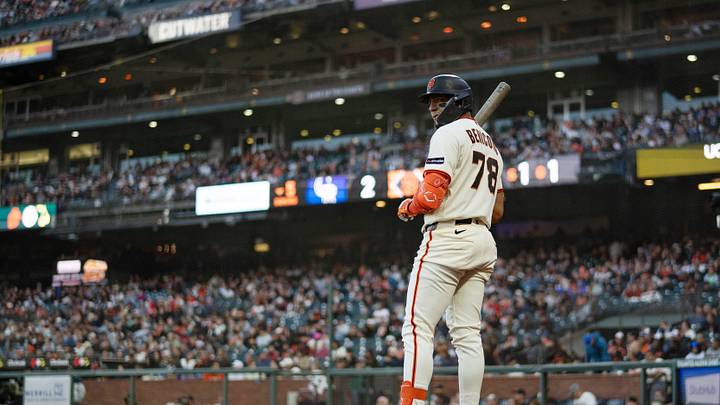 Jul 9, 2026; San Francisco, California, USA;  San Francisco Giants right fielder Victor Bericoto (78) during the fifth inning against the Colorado Rockies at Oracle Park. Mandatory Credit: Stan Szeto-Imagn Images