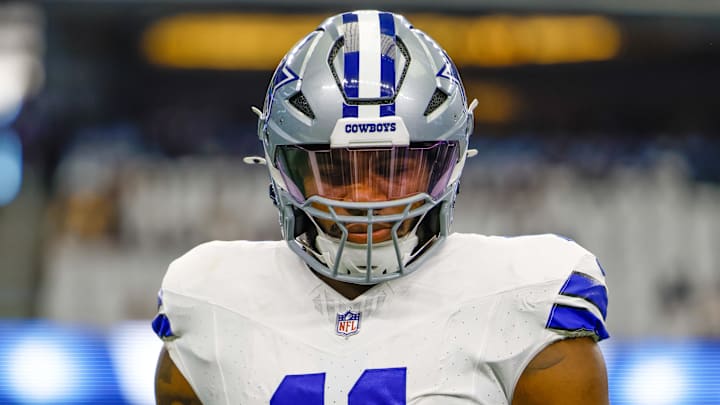 Sep 22, 2024; Arlington, Texas, USA; Dallas Cowboys linebacker Micah Parsons (11) prior to the game against the Baltimore Ravens at AT&T Stadium. Mandatory Credit: Andrew Dieb-Imagn Images