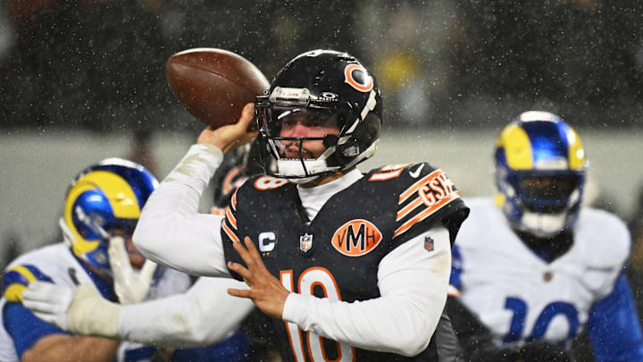 Jan 18, 2026; Chicago, IL, USA; Chicago Bears quarterback Caleb Williams (18) throws a pass against the Los Angeles Rams during the third quarter of an NFC Divisional Round game at Soldier Field. Mandatory Credit: Matt Marton-Imagn Images