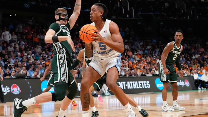 Mar 23, 2024; Charlotte, NC, USA; North Carolina Tar Heels forward Armando Bacot (5) against Michigan State Spartans at Spectrum Center. Mandatory Credit: Jim Dedmon-Imagn Images