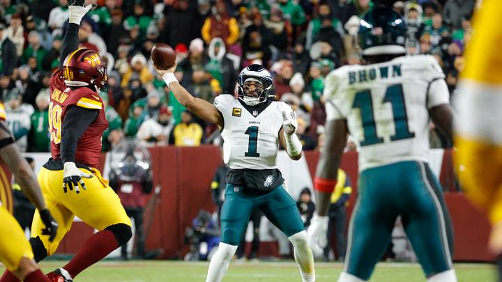 Dec 20, 2025; Landover, Maryland, USA; Philadelphia Eagles quarterback Jalen Hurts (1) throws the ball to Philadelphia Eagles wide receiver A.J. Brown (11) against the Washington Commanders during the second half at Northwest Stadium. Mandatory Credit: Amber Searls-Imagn Images Dec 20, 2025; Landover, Maryland, USA; Philadelphia Eagles quarterback Jalen Hurts (1) throws the ball to Philadelphia Eagles wide receiver A.J. Brown (11) against the Washington Commanders during the second half at Northwest Stadium. Mandatory Credit: Amber Searls-Imagn Images