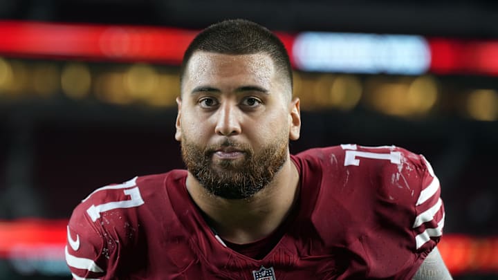 Sep 9, 2024; Santa Clara, California, USA; San Francisco 49ers guard Dominick Puni (77) after defeating the New York Jets at Levi's Stadium. Mandatory Credit: Darren Yamashita-Imagn Images Sep 9, 2024; Santa Clara, California, USA; San Francisco 49ers guard Dominick Puni (77) after defeating the New York Jets at Levi's Stadium. Mandatory Credit: Darren Yamashita-Imagn Images