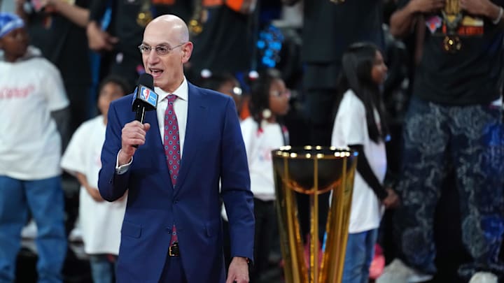 Dec 16, 2025; Las Vegas, Nevada, USA; NBA commissioner Adam Silver speak during the Emirates NBA Cup trophy presentation at T-Mobile Arena. Mandatory Credit: Kirby Lee-Imagn Images Dec 16, 2025; Las Vegas, Nevada, USA; NBA commissioner Adam Silver speak during the Emirates NBA Cup trophy presentation at T-Mobile Arena. Mandatory Credit: Kirby Lee-Imagn Images